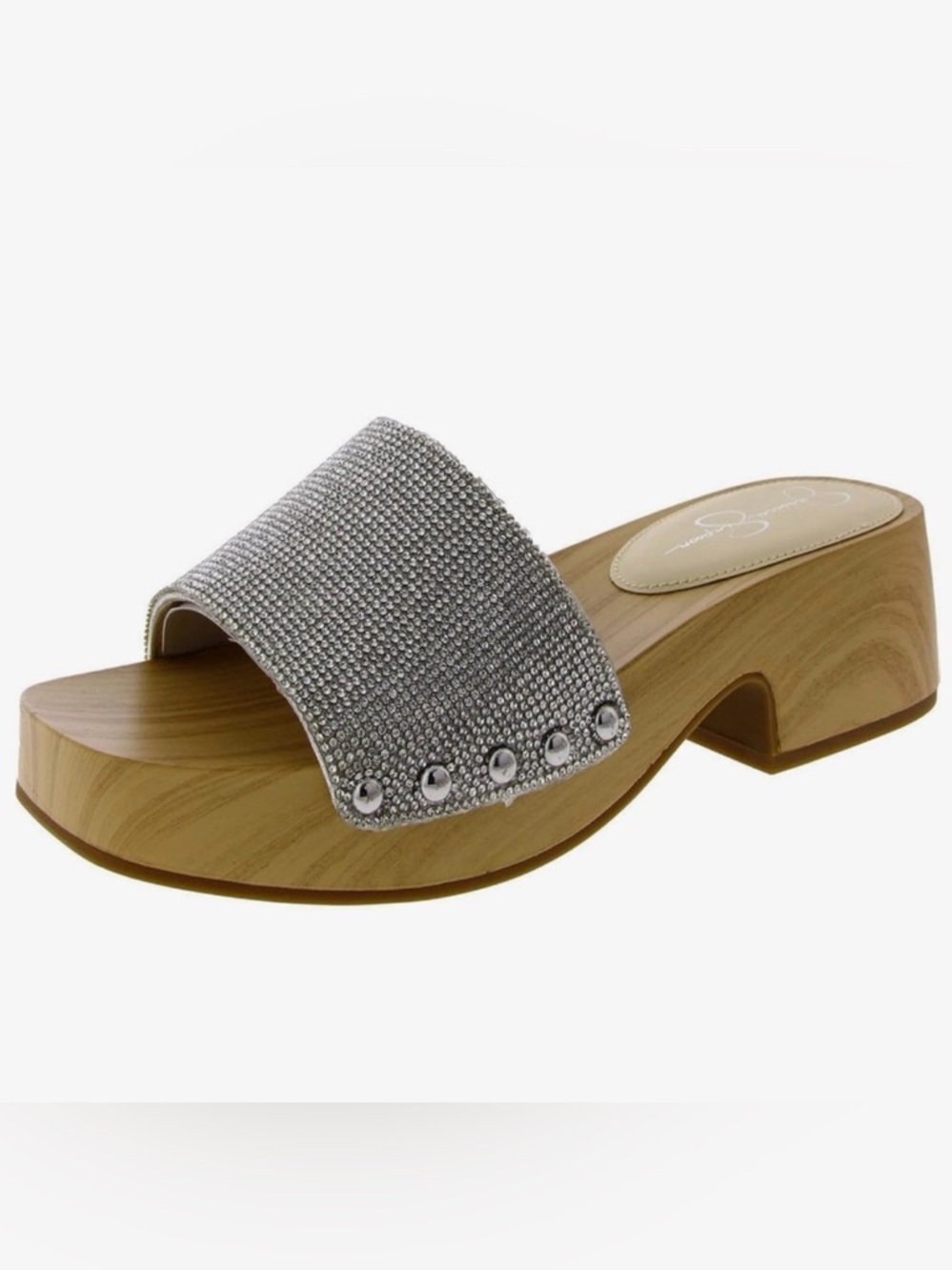 🆕 JESSICA SIMPSON Rexile Studded Clogs Size 7.5 Silver / Wood Platform